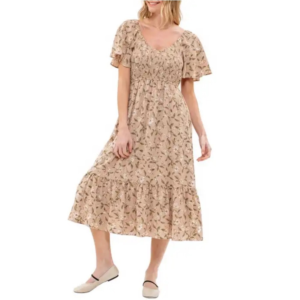 Blue Pepper Women's Floral Print Smocked Midi Dress Flutter Sleeve‎ Beige M